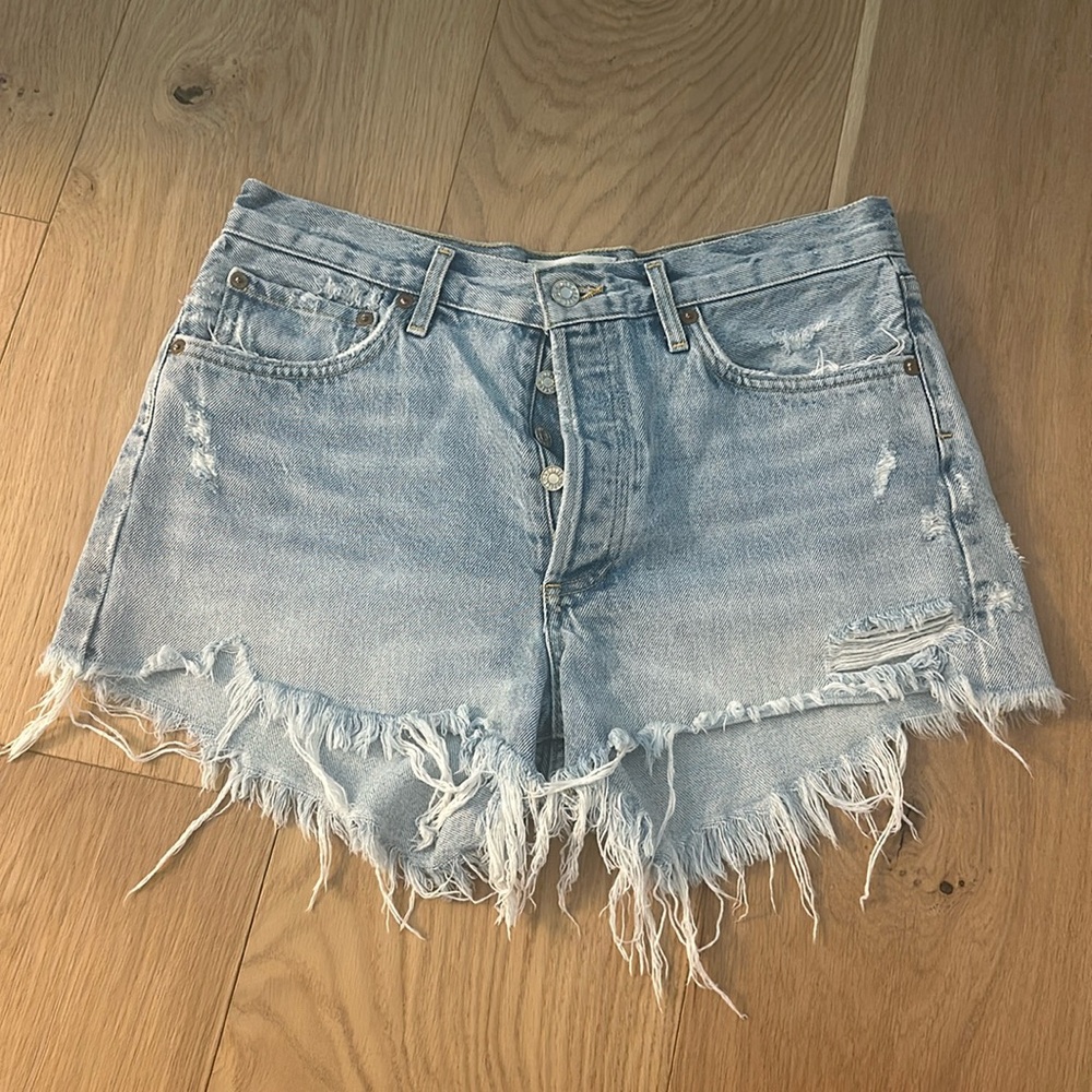 Agolde Light Blue Distressed Denim Jean Shorts